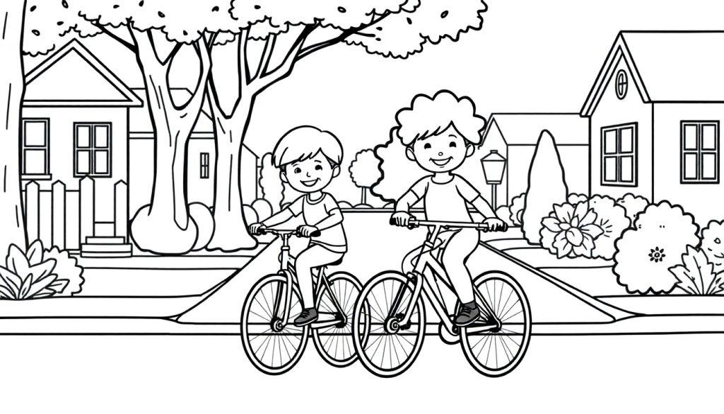 Kleurplaat van twee kinderen die samen fietsen in een gezellige buurt.