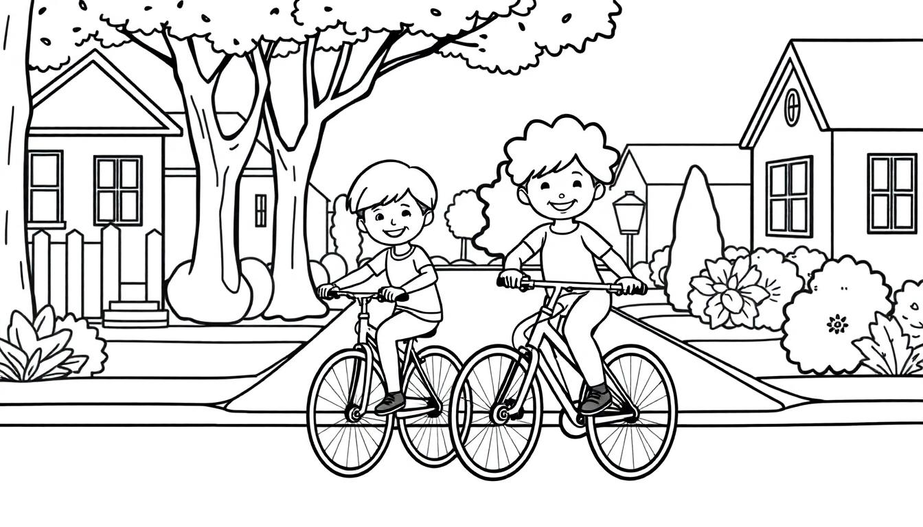 Kleurplaat van twee kinderen die samen fietsen in een gezellige buurt.