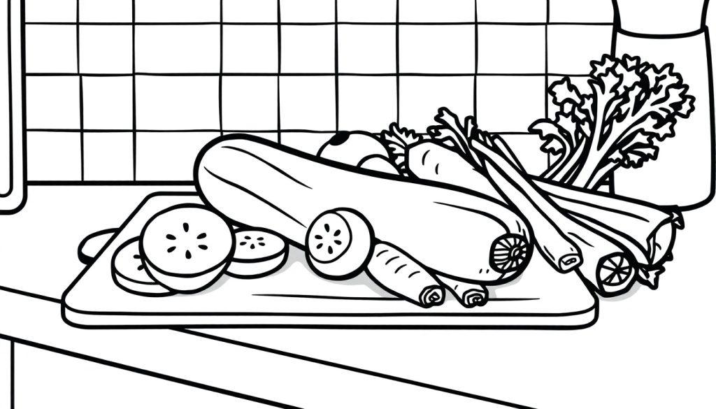 Kleurplaat van groenten zoals wortels, courgette en selder op een snijplank in de keuken.