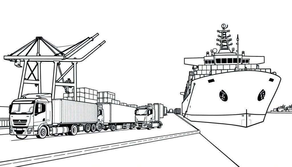 Kleurplaat van een haven met vrachtwagens, containers en een groot schip.