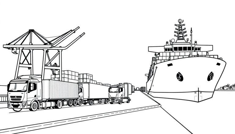 Kleurplaat van een haven met vrachtwagens, containers en een groot schip.