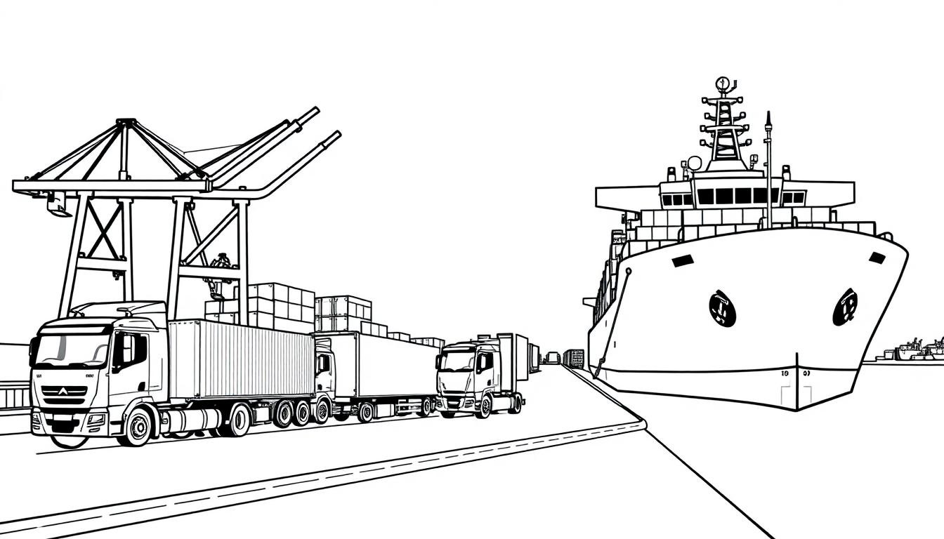 Kleurplaat van een haven met vrachtwagens, containers en een groot schip.
