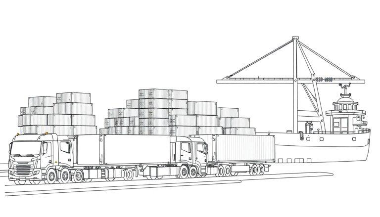 Kleurplaat van een haven met vrachtwagens, containers en een schip.