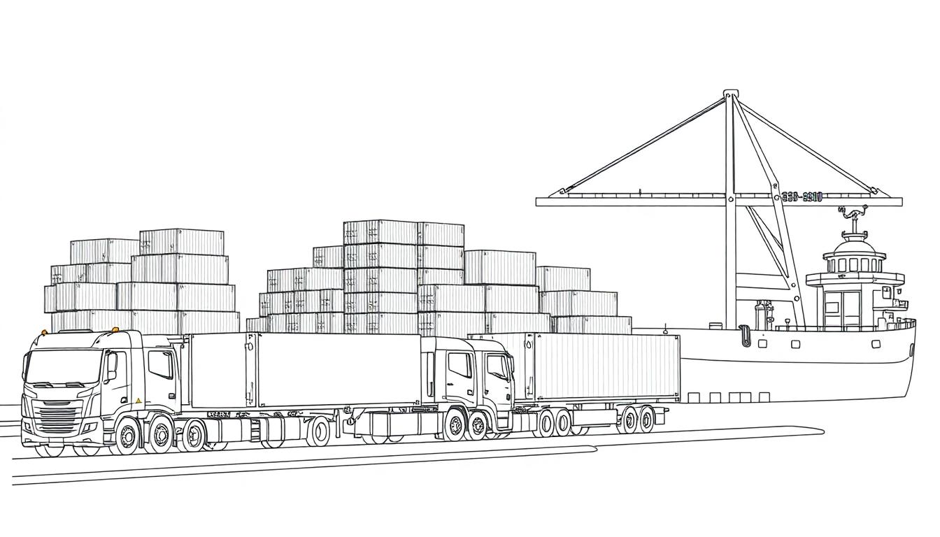 Kleurplaat van een haven met vrachtwagens, containers en een schip.