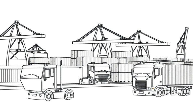 Kleurplaat van een haven met vrachtwagens en kranen.
