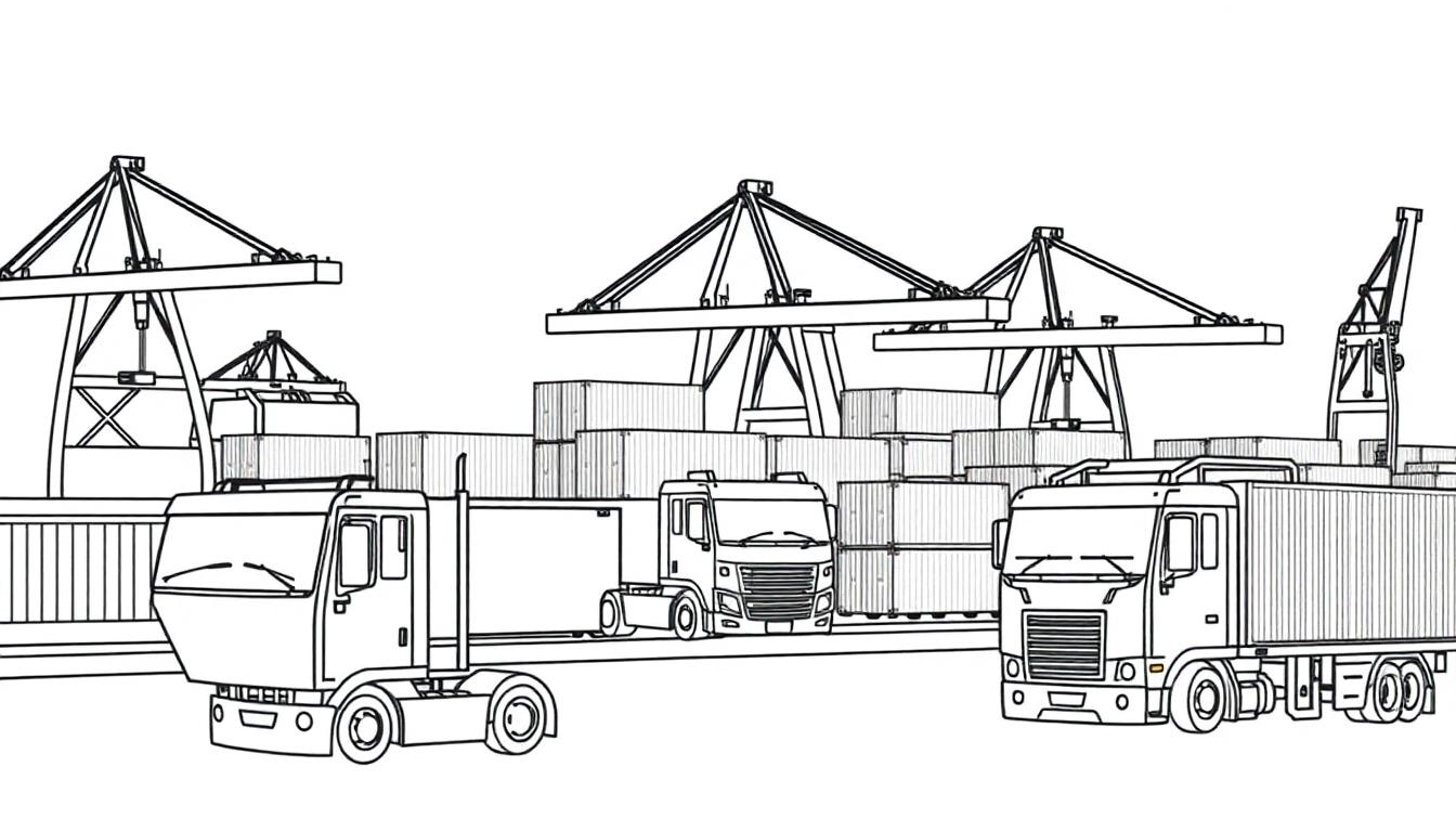 Kleurplaat van een haven met vrachtwagens en kranen.