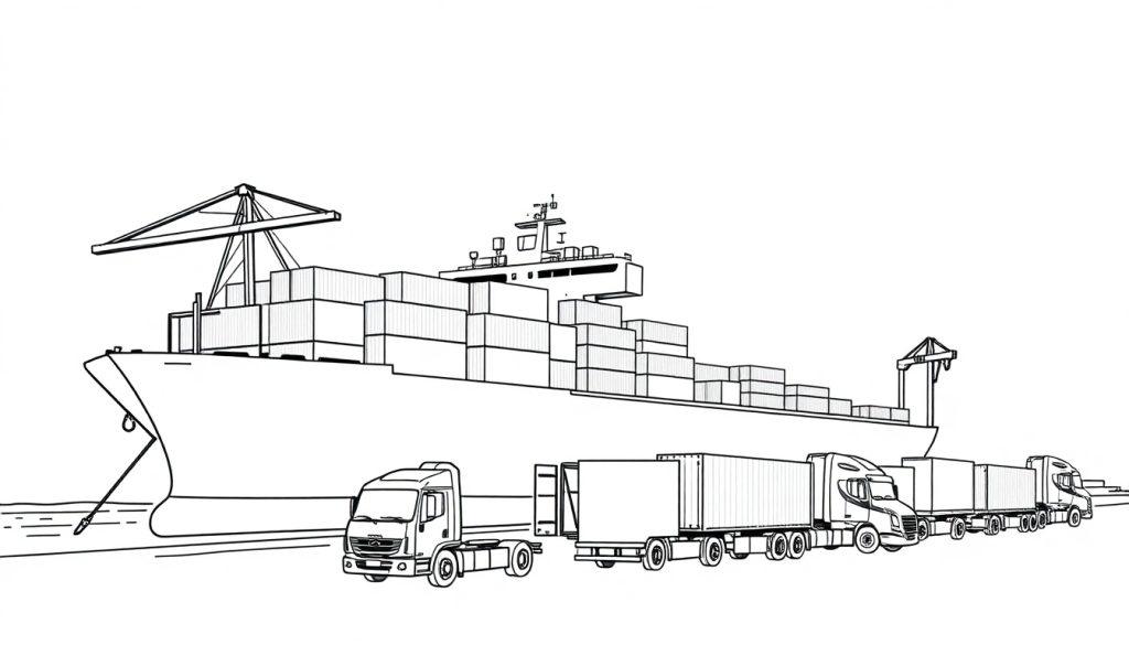 Kleurplaat van een haven met een groot containerschip en vrachtwagens.