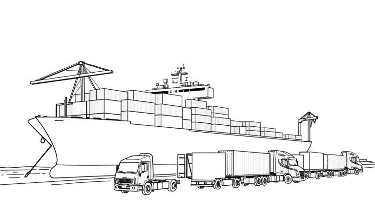 Kleurplaat van een haven met een groot containerschip en vrachtwagens.