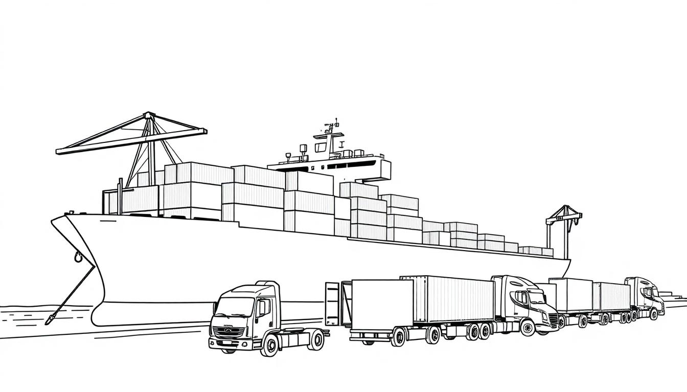 Kleurplaat van een haven met een groot containerschip en vrachtwagens.