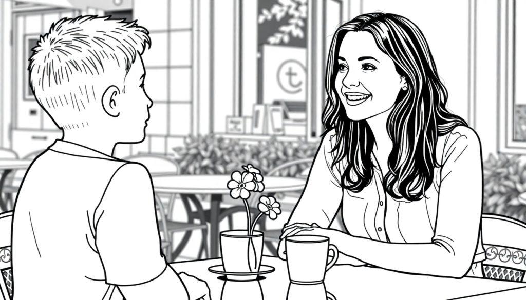 Kleurplaat van Judith die aan het daten is met een jongen op een terras.