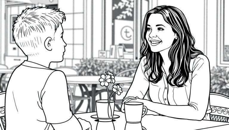 Kleurplaat van Judith die aan het daten is met een jongen op een terras.