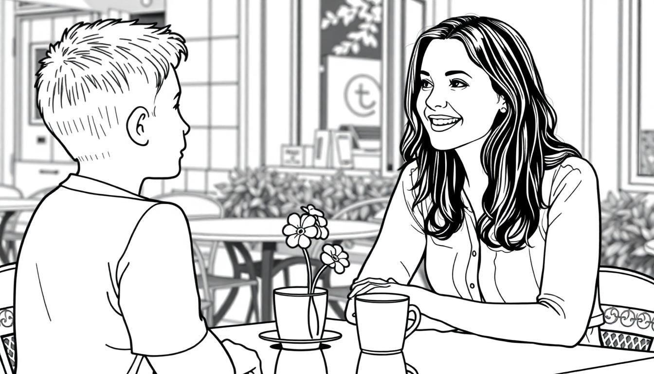 Kleurplaat van Judith die aan het daten is met een jongen op een terras.