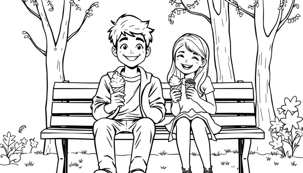 Kleurplaat van Julian en een meisje op een bankje met ijsjes in een park.