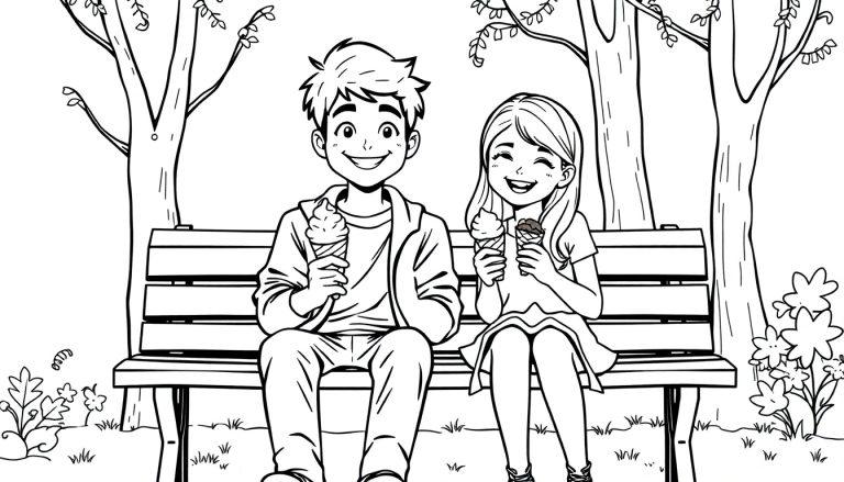 Kleurplaat van Julian en een meisje op een bankje met ijsjes in een park.