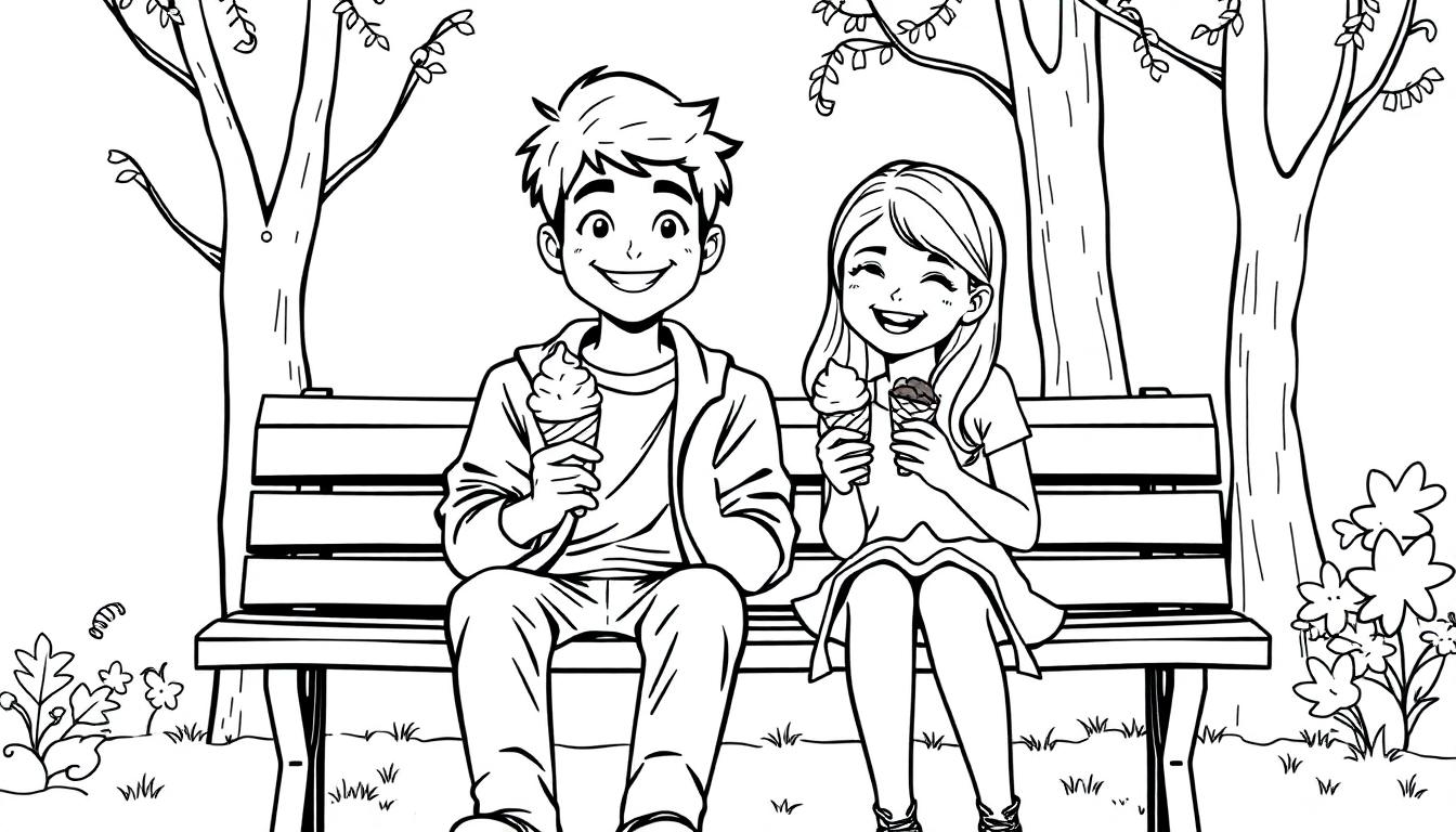 Kleurplaat van Julian en een meisje op een bankje met ijsjes in een park.