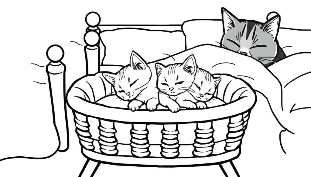 Een kleurplaat van drie slapende kittens in een wieg naast een bed waarin papa en mama poes slapen.