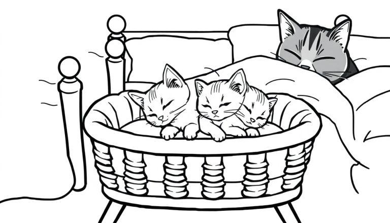 Een kleurplaat van drie slapende kittens in een wieg naast een bed waarin papa en mama poes slapen.