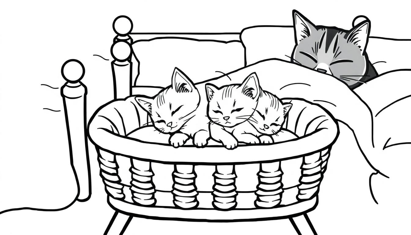Een kleurplaat van drie slapende kittens in een wieg naast een bed waarin papa en mama poes slapen.