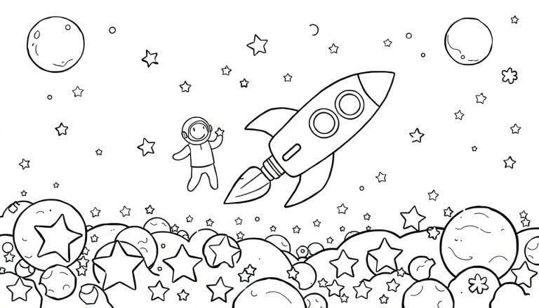 Kleurplaat van een astronaut en raket tussen sterren en planeten.