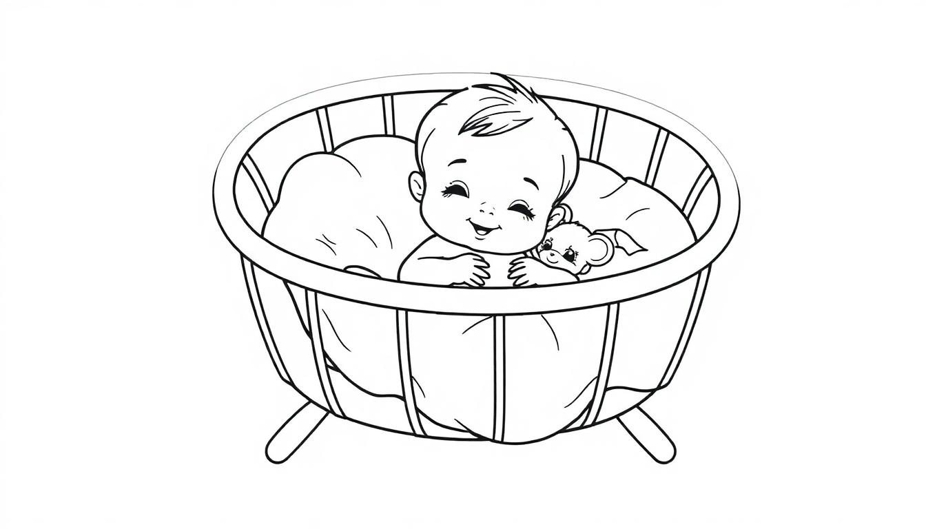 Kleurplaat van een lachende baby in een wiegje met een knuffel.