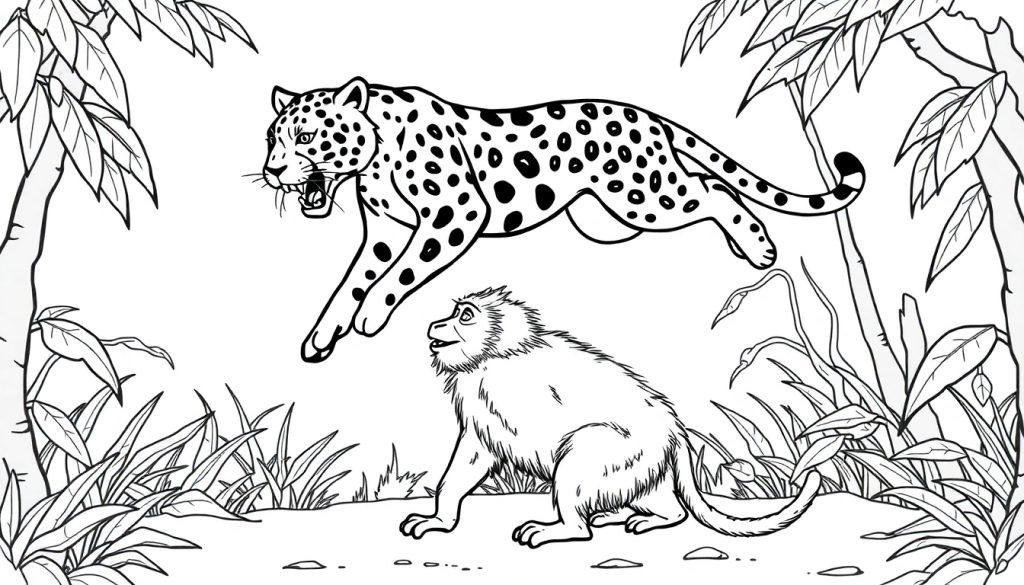 Kleurplaat met een baviaan en een springende jaguar in de jungle.