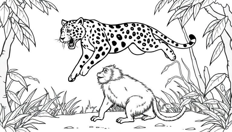 Kleurplaat met een baviaan en een springende jaguar in de jungle.