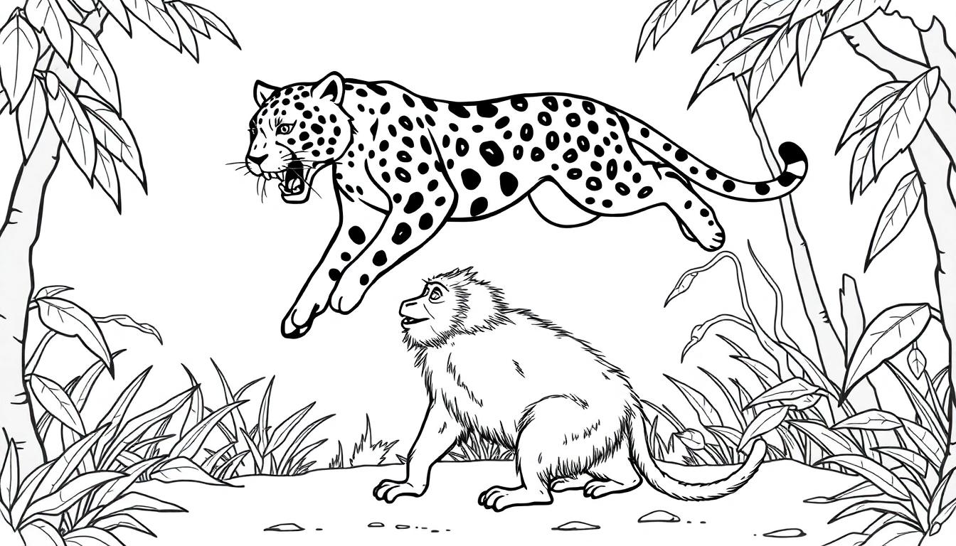 Kleurplaat met een baviaan en een springende jaguar in de jungle.
