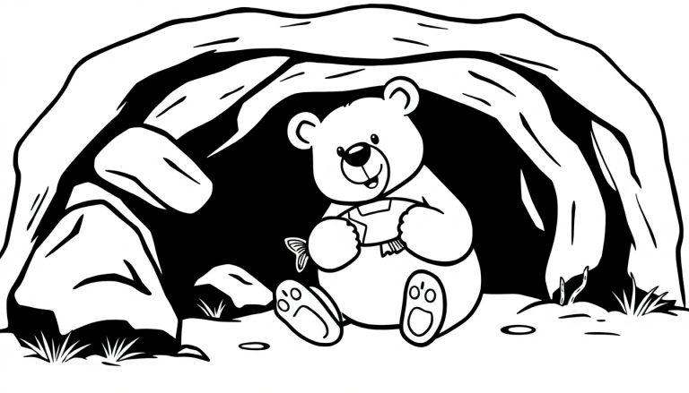 Kleurplaat van een beer die in zijn hol een vis eet.