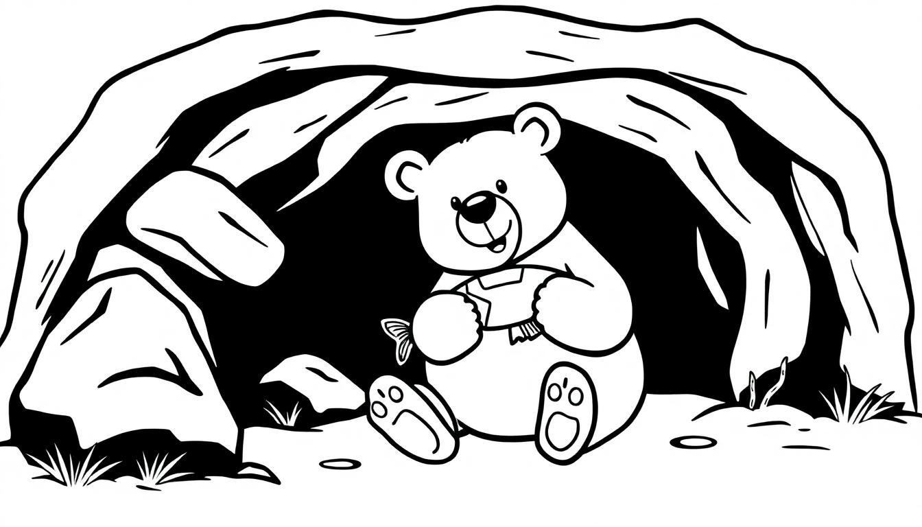 Kleurplaat van een beer die in zijn hol een vis eet.