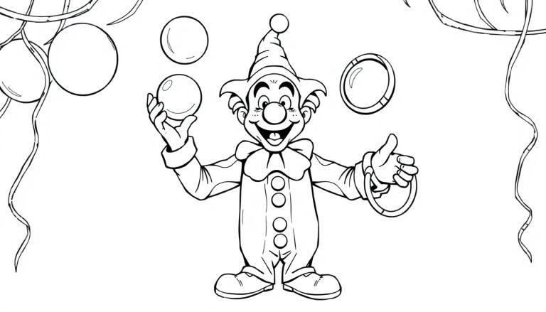 Een kleurplaat van een lachende clown die jongleert met ballen, omringd door slingers.
