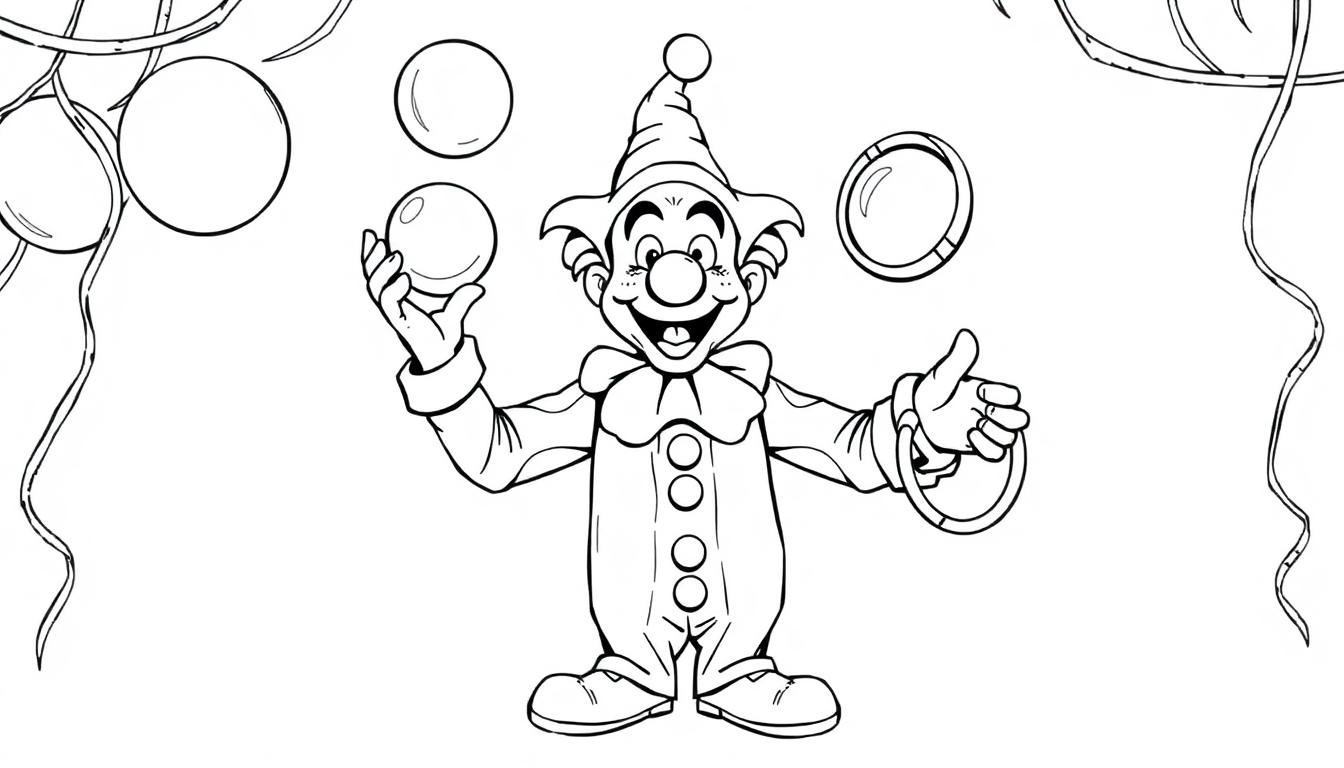 Een kleurplaat van een lachende clown die jongleert met ballen, omringd door slingers.