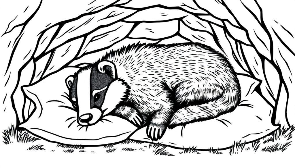 Kleurplaat van een das die op kussens ligt in zijn hol.