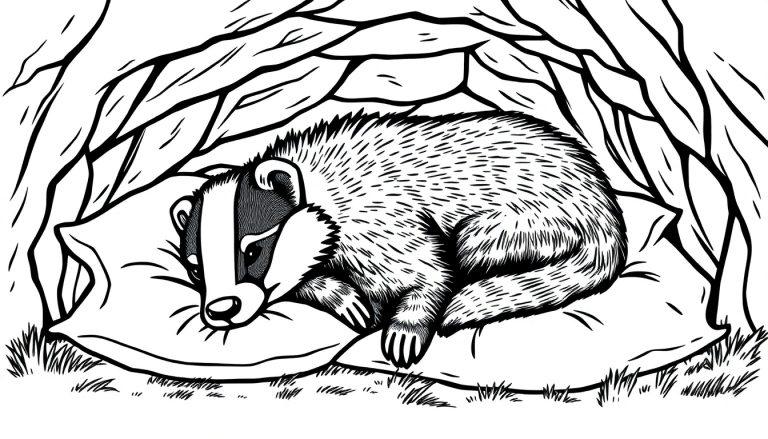 Kleurplaat van een das die op kussens ligt in zijn hol.
