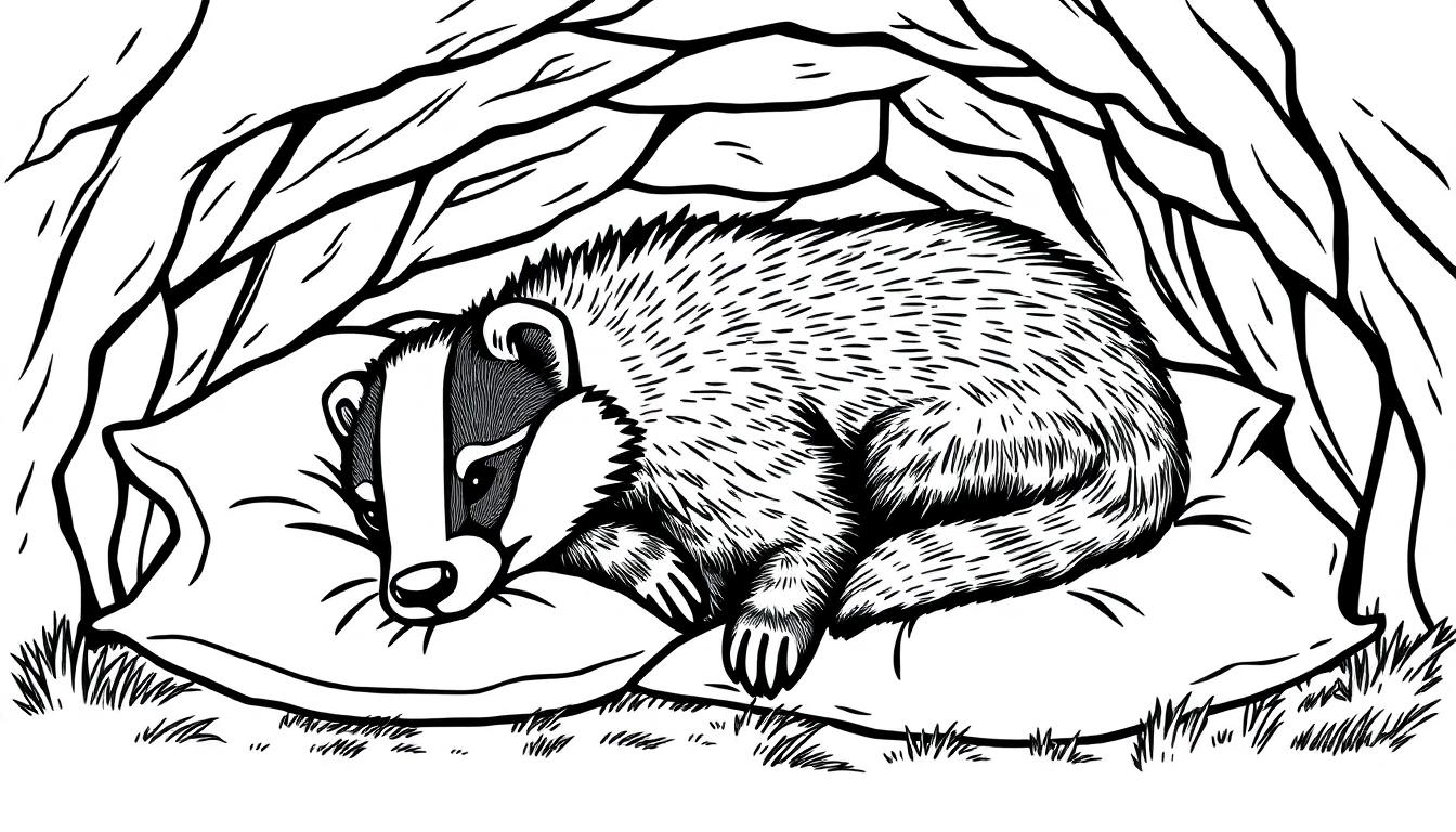 Kleurplaat van een das die op kussens ligt in zijn hol.