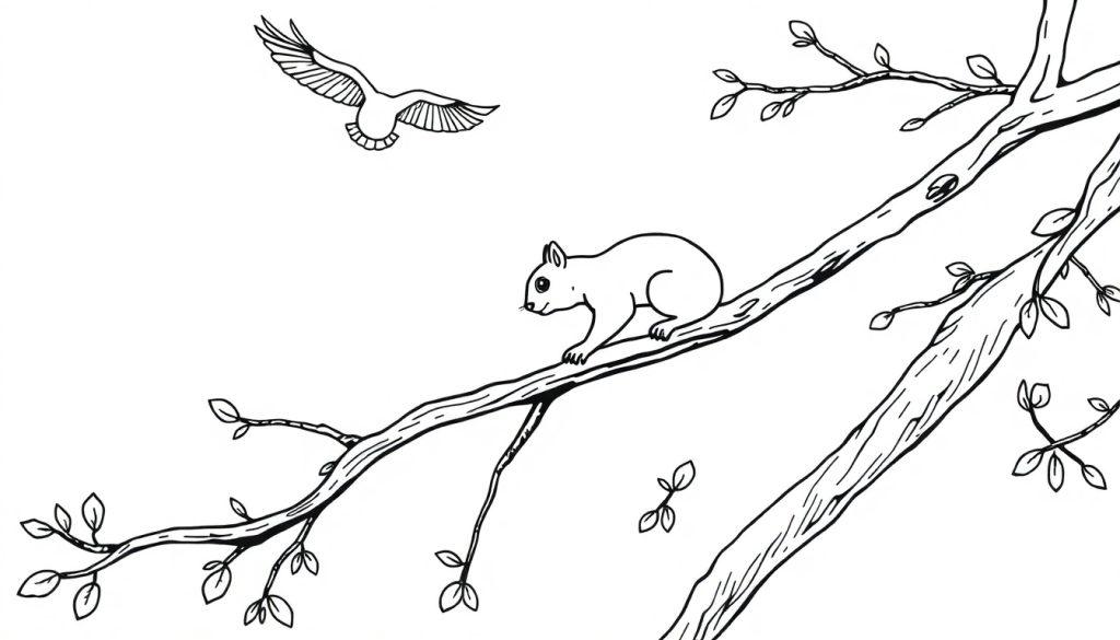 Kleurplaat van een eekhoorn op een tak en een vogel in de lucht.