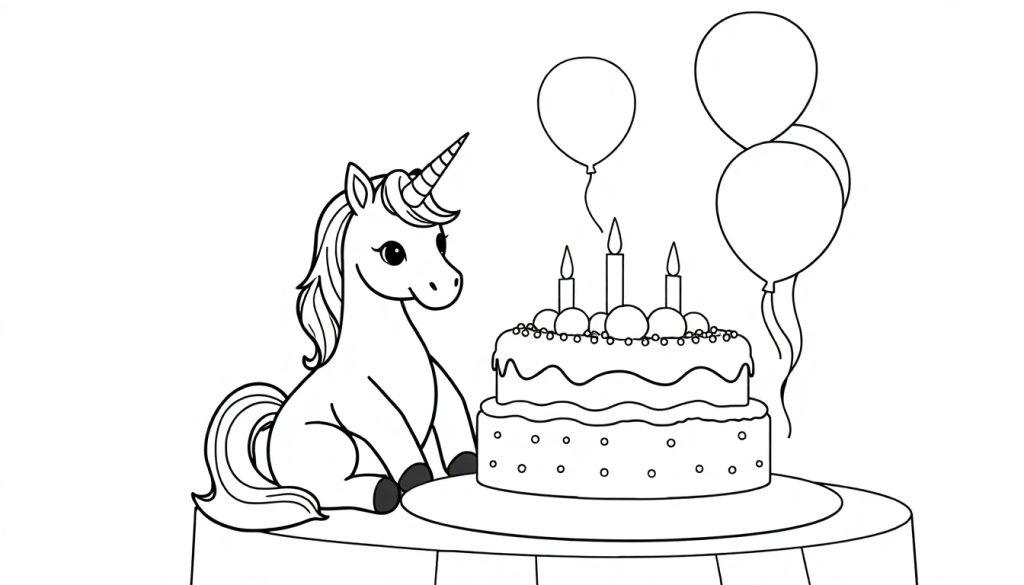 Kleurplaat van een eenhoorn die naast een verjaardagstaart zit met ballonnen op de achtergrond.