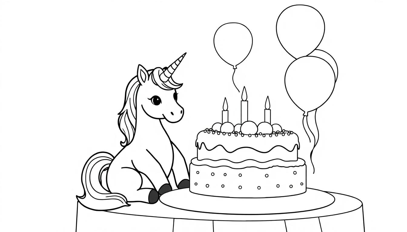 Kleurplaat van een eenhoorn die naast een verjaardagstaart zit met ballonnen op de achtergrond.