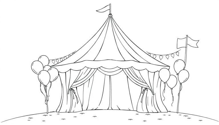 Kleurplaat van een feestelijke festivaltent met vlaggetjes en ballonnen.