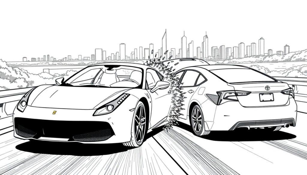 Kleurplaat van een crash tussen een Ferrari en een Toyota op de snelweg met een stad op de achtergrond.