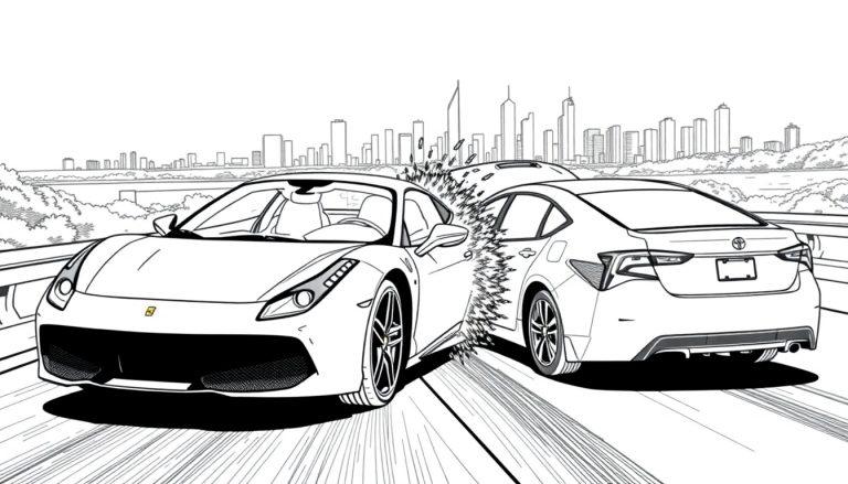 Kleurplaat van een crash tussen een Ferrari en een Toyota op de snelweg met een stad op de achtergrond.