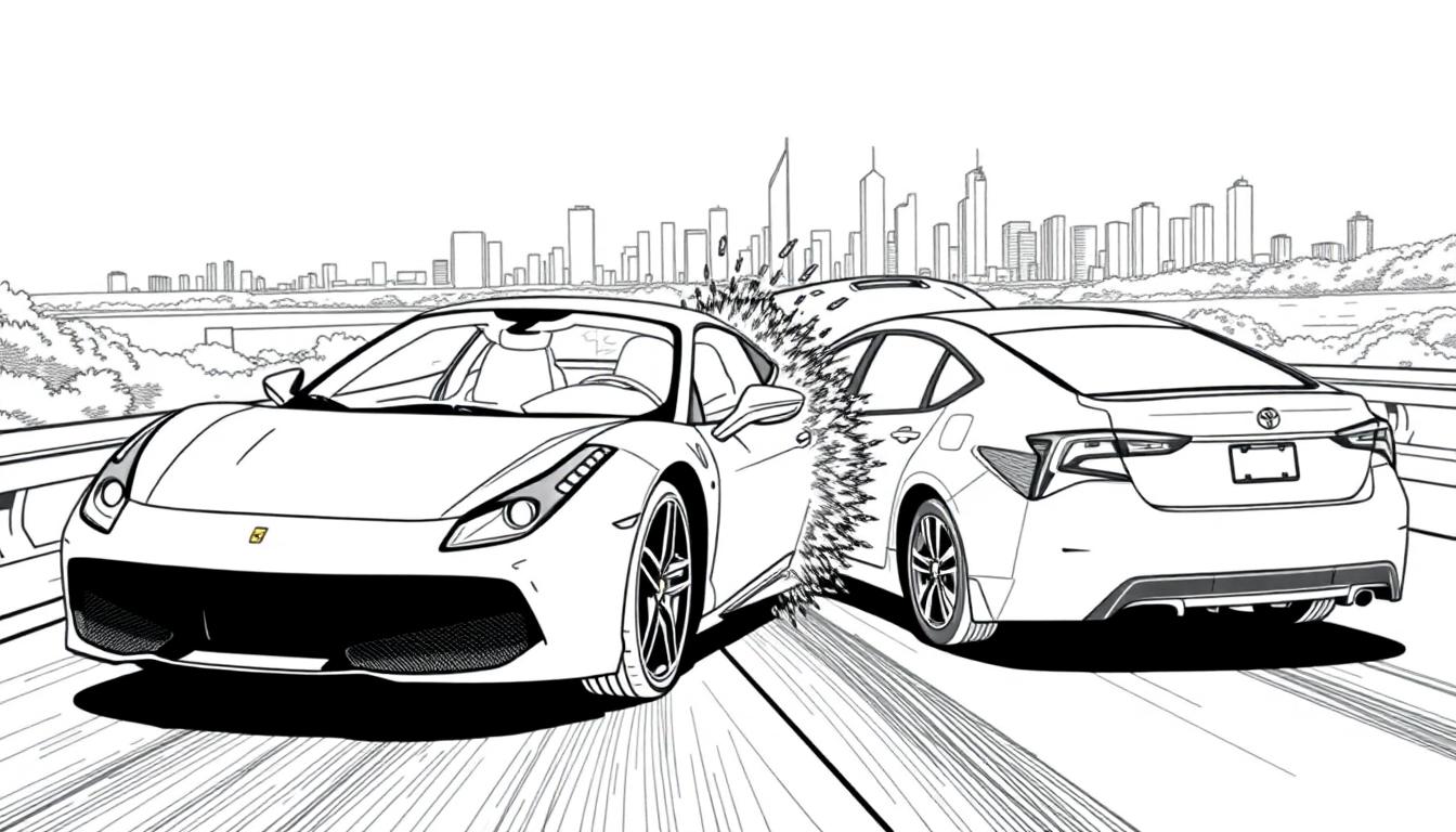 Kleurplaat van een crash tussen een Ferrari en een Toyota op de snelweg met een stad op de achtergrond.