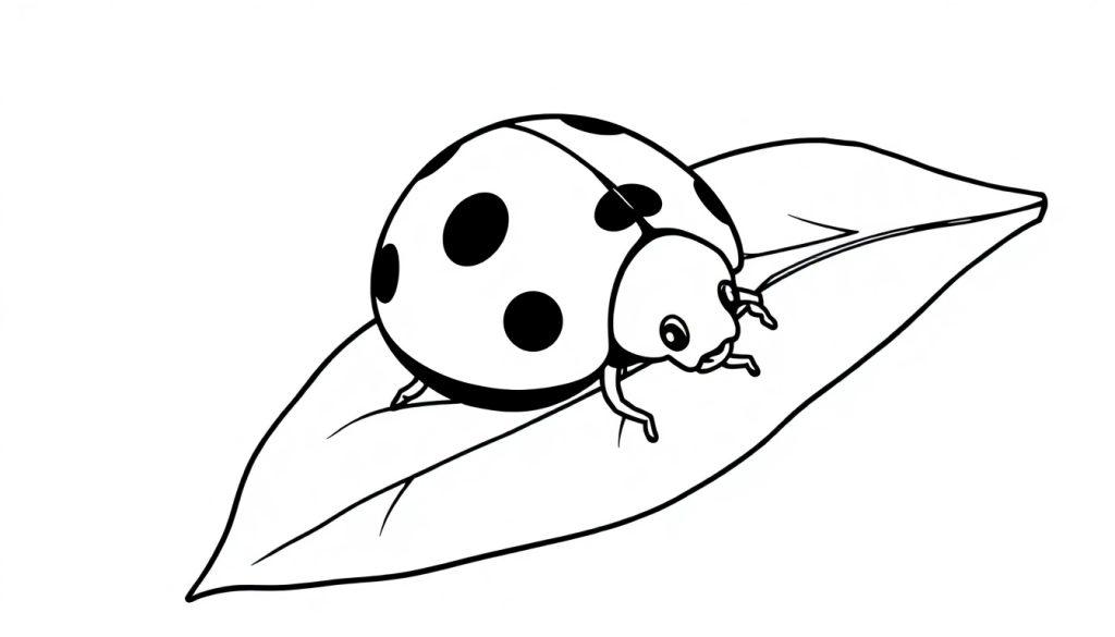 Kleurplaat van een groot lieveheersbeestje op een blad.