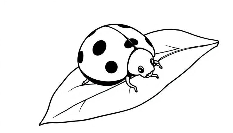 Kleurplaat van een groot lieveheersbeestje op een blad.