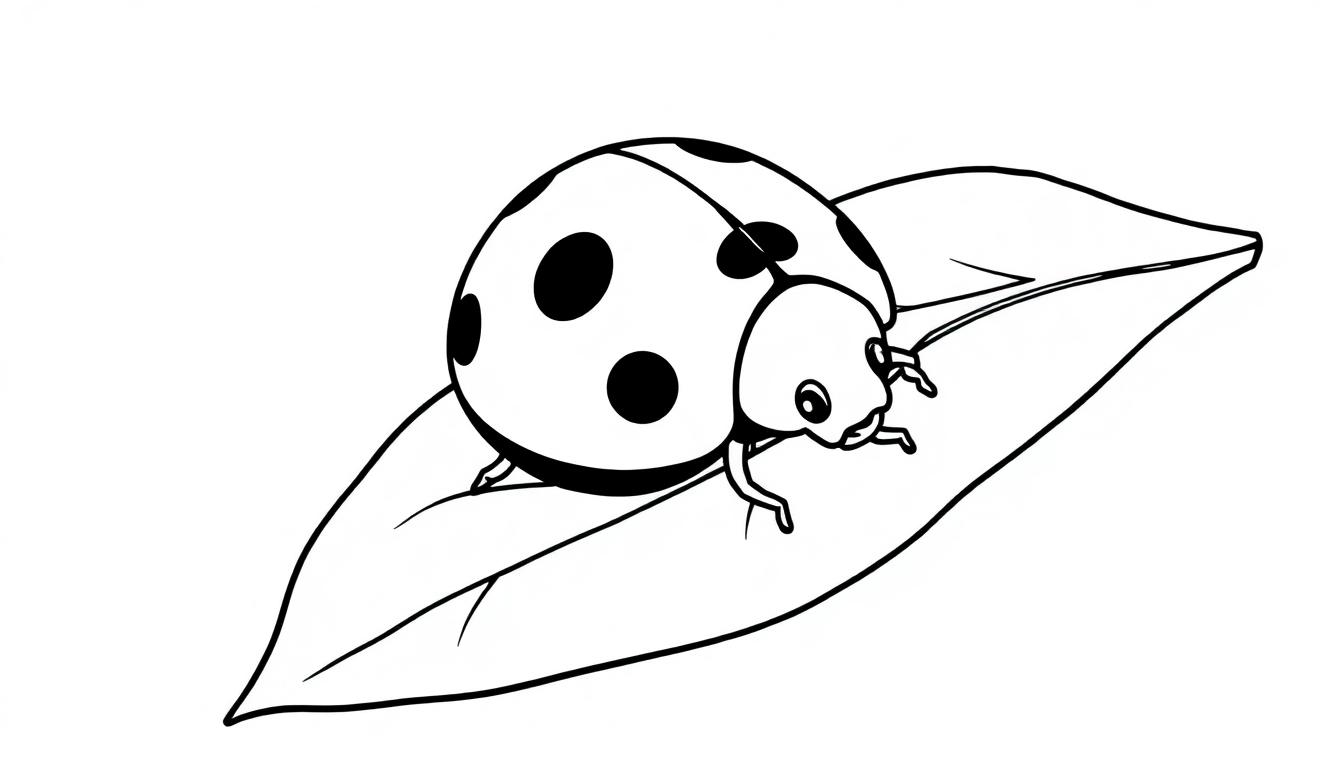 Kleurplaat van een groot lieveheersbeestje op een blad.