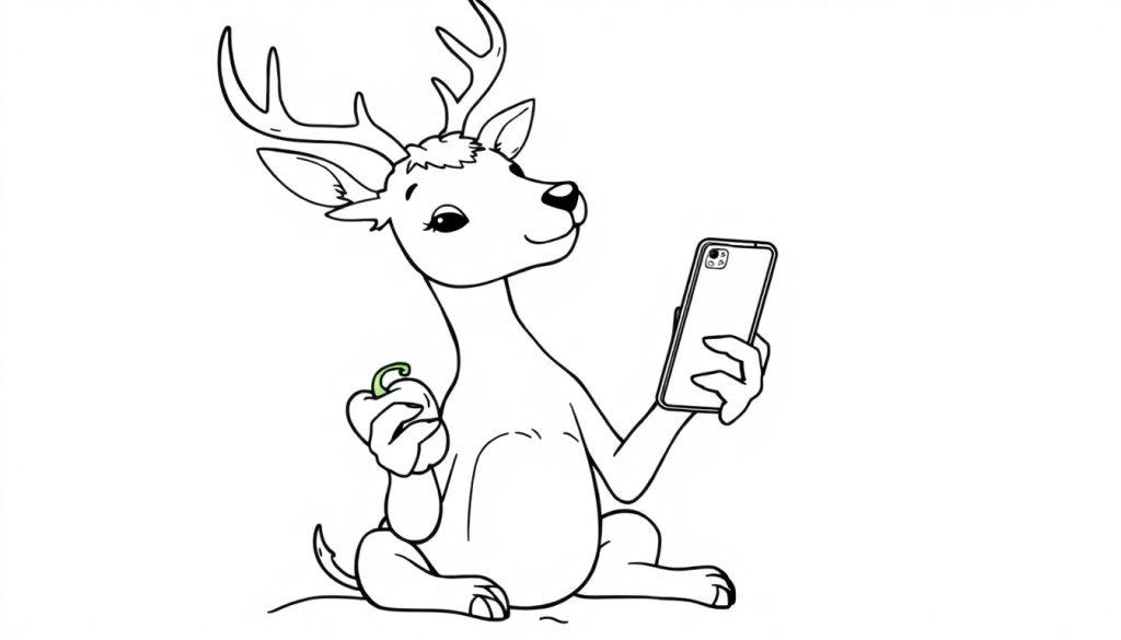Kleurplaat van een hert met een paprika in de hand en een telefoon in de andere hand.
