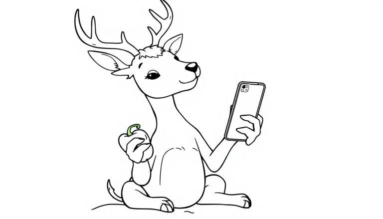 Kleurplaat van een hert met een paprika in de hand en een telefoon in de andere hand.