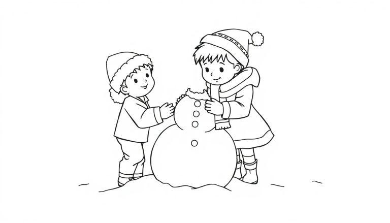 Kleurplaat van een jongen en meisje die een sneeuwpop maken.