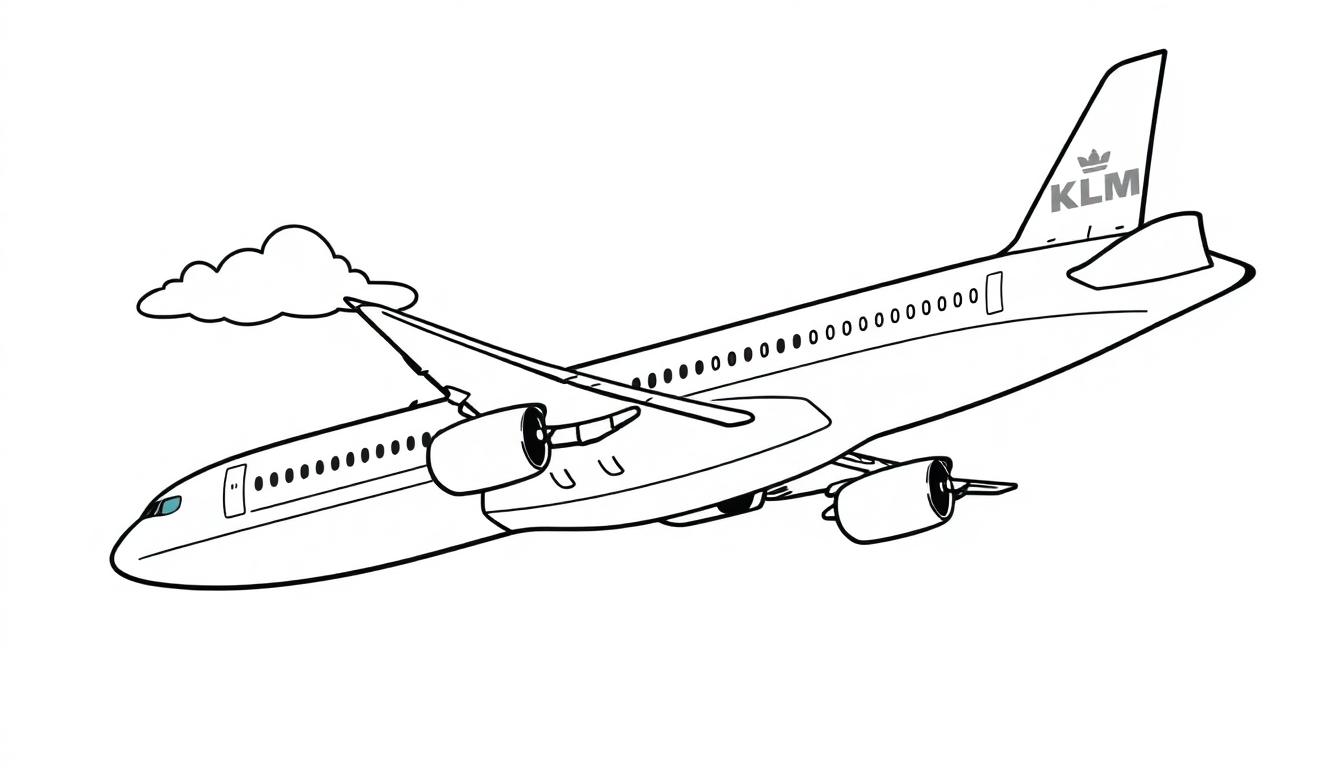 Een kleurplaat van een KLM-vliegtuig dat door de lucht vliegt.