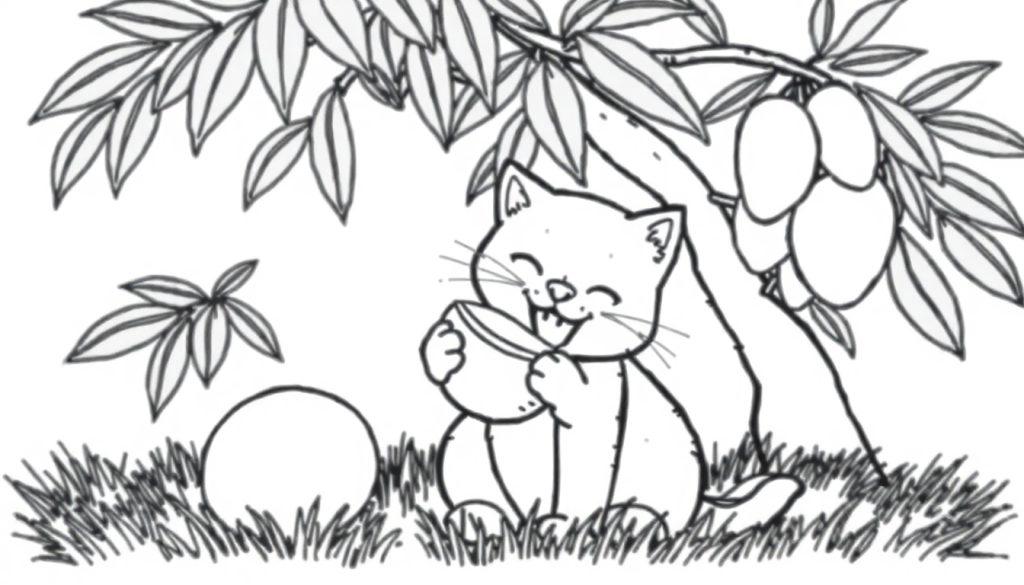 Kleurplaat van een vrolijke kat die een mango eet onder een boom.