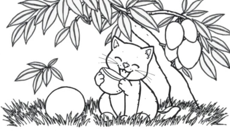 Kleurplaat van een vrolijke kat die een mango eet onder een boom.
